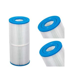 Cylindrical pool filter cartridge with blue top cap for pool maintenance and supplies