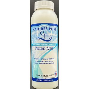 Natures Pure Spa Foam Out hot tub and spa maintenance chemical product bottle
