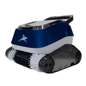 Robotic pool cleaner with blue and white design for backyard pool maintenance