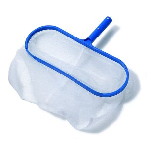 Blue pool skimmer net for cleaning backyard pools and removing debris