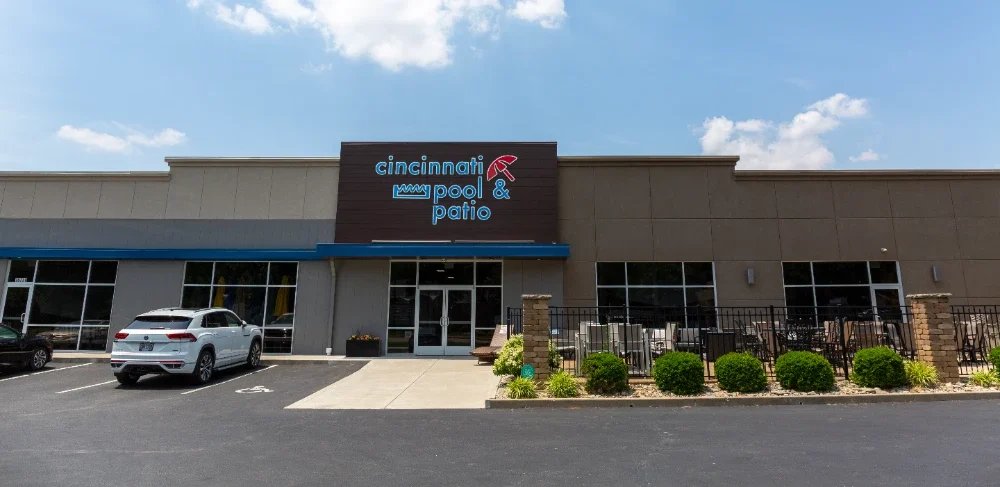 Cincinnati Pool and Patio retail storefront with signage and outdoor patio displays