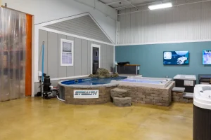 Stealth above ground pool and hot tub display showroom at Cincinnati pools retailer