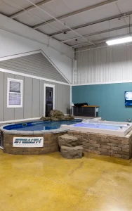Stealth above ground pool and hot tub spa display in Cincinnati showroom