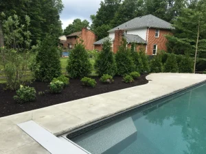 Modern backyard pool with concrete deck and landscaped patio area near brick home