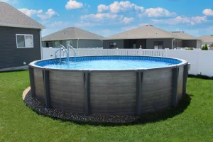 Large above ground pool with metal frame in suburban backyard with patio homes