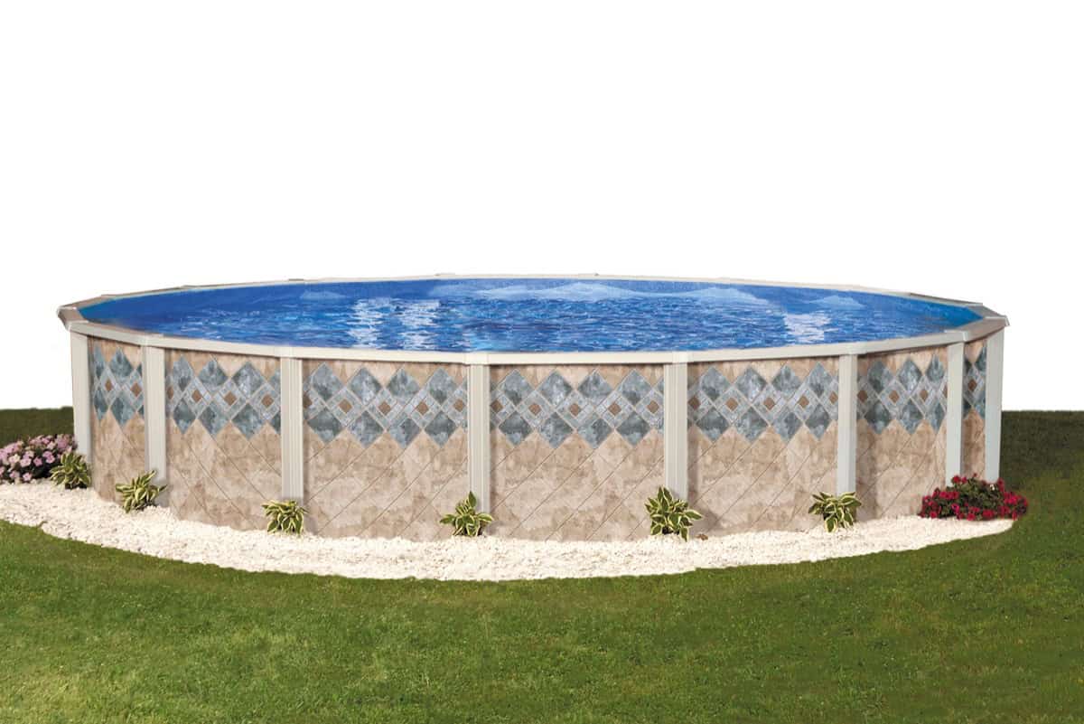 Doughboy Copper Canyon above ground pool with tile-pattern wall design in a Cincinnati backyard
