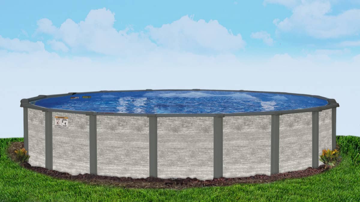 Doughboy Cypress Ridge above ground pool with woodgrain resin wall in a Cincinnati backyard