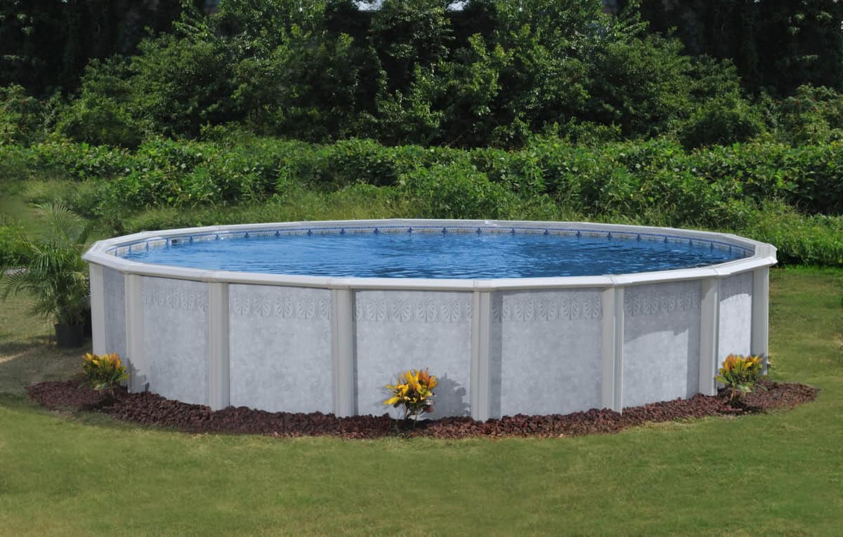 Doughboy Palm Shore above ground pool with contemporary steel wall design in a Cincinnati backyard