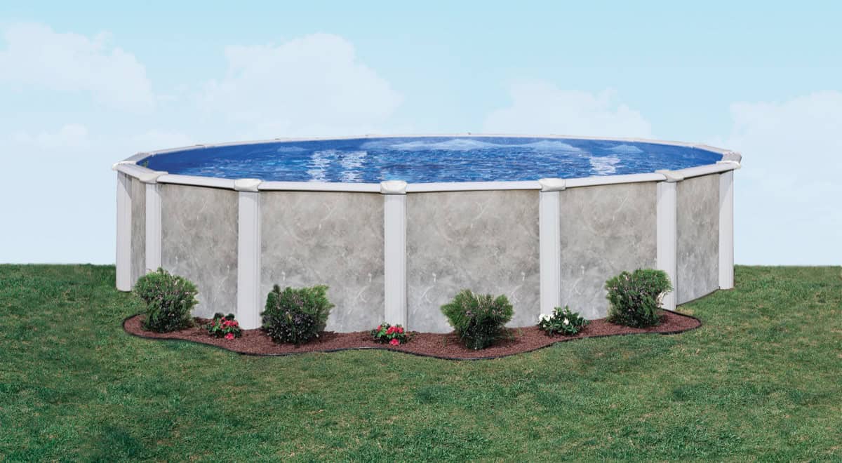 Doughboy Pearl River above ground pool with curved resin frame installed in a backyard