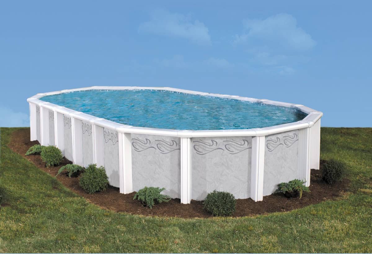 Doughboy Saratoga above ground pool with resin top rail installed in a backyard