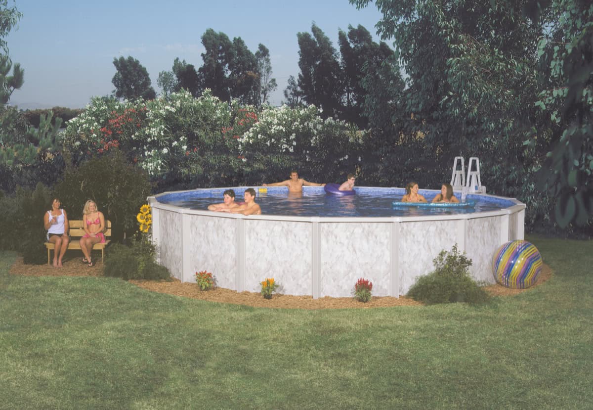 Doughboy Silver Lake above ground pool with marble wall pattern installed in a backyard