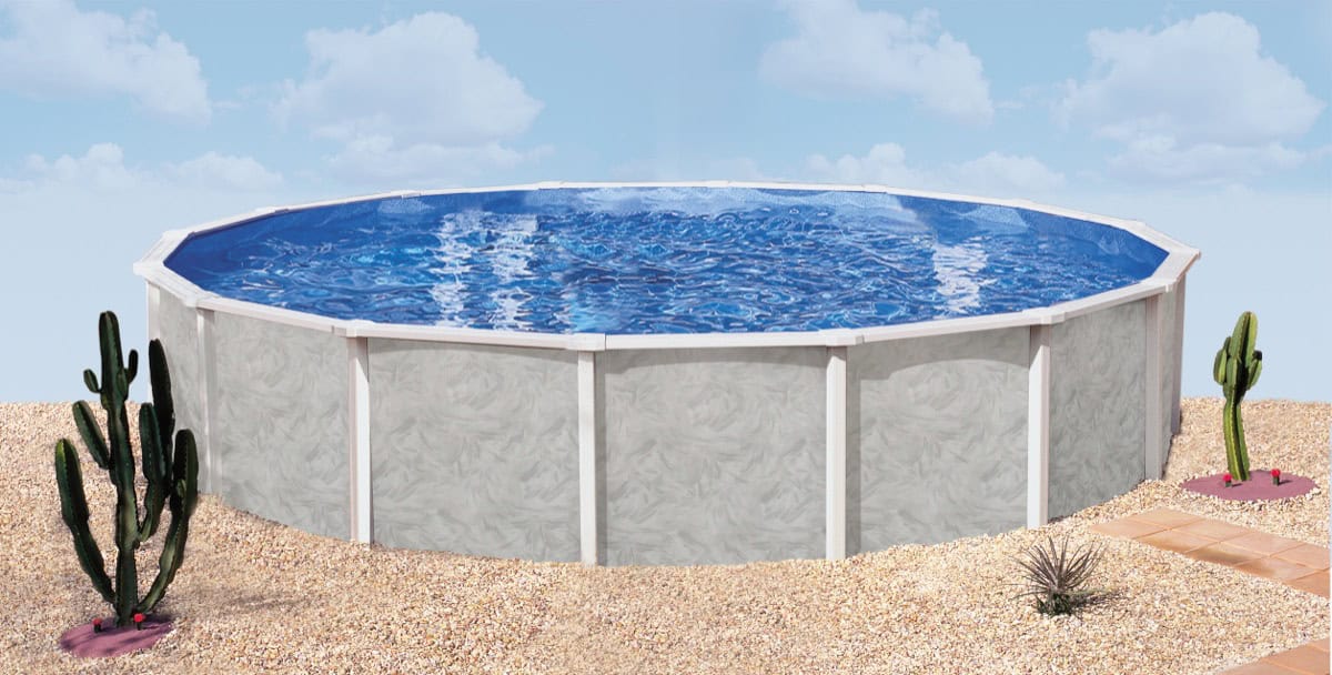 Doughboy Summerville above ground pool with a stylish wall pattern installed in a backyard