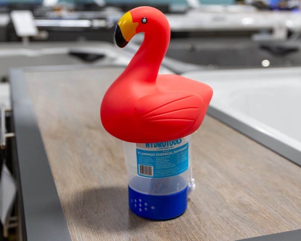 Flamingo chlorine tablet floater on display in the Cincinnati Pool and Patio showroom on Reading Road